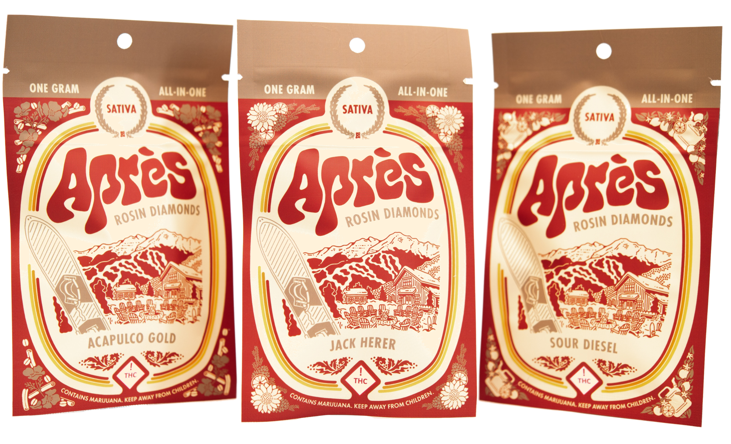 Apres Rosin Diamond Packaging, featuring strains: Acapulco Gold, Jack Herer, and Sour Diesel. Retro Ski design Après Rosin Diamonds.