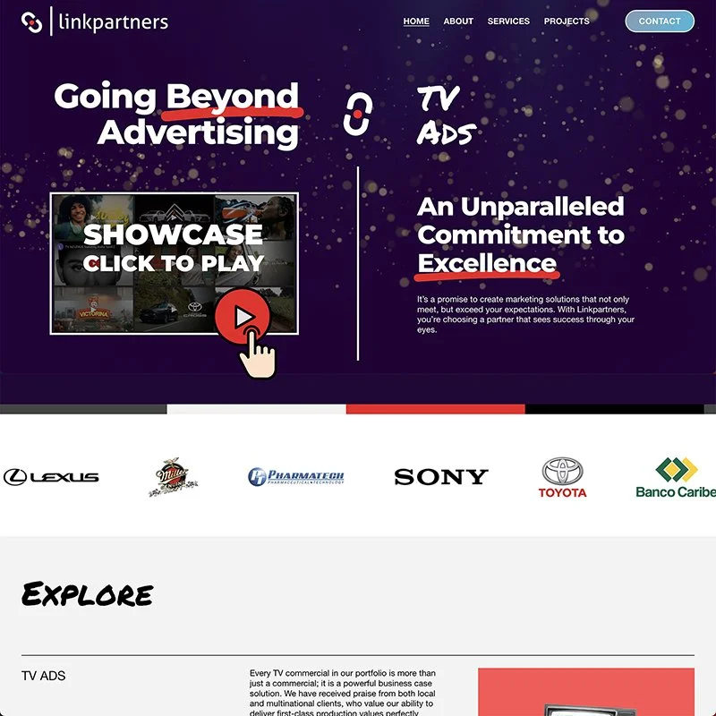 A website homepage for Linkpartners featuring a dark purple background and white text saying "Going Beyond Advertising" and "An Unparalleled Commitment to Excellence." There is a showcase video section with a red play button and a hand icon. Logos of Lexus, Miller, Pharmatech, Sony, Toyota, and Banco Caribe are displayed below. The navigation menu includes Home, About, Services, Projects, and a blue Contact button. The lower section titled 'Explore' has text about TV ads.