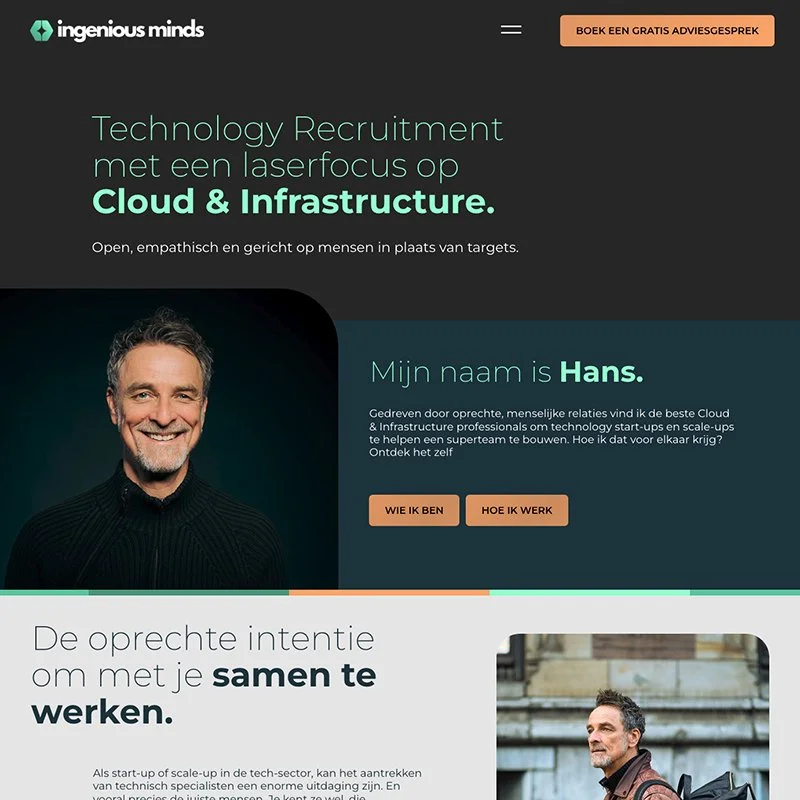 Screenshot of a website for Ingenious Minds, promoting technology recruitment with a laser focus on cloud and infrastructure. Features a professional photo of a smiling man and buttons for more information.
