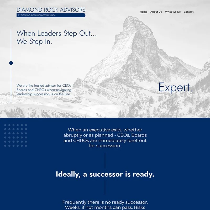 Website homepage for Diamond Rock Advisors featuring a large mountain in the background. The text says: 'When Leaders Step Out... We Step In.', 'Expert.', and mentions executive succession advisory services for CEOs, Boards, and CHROs.
