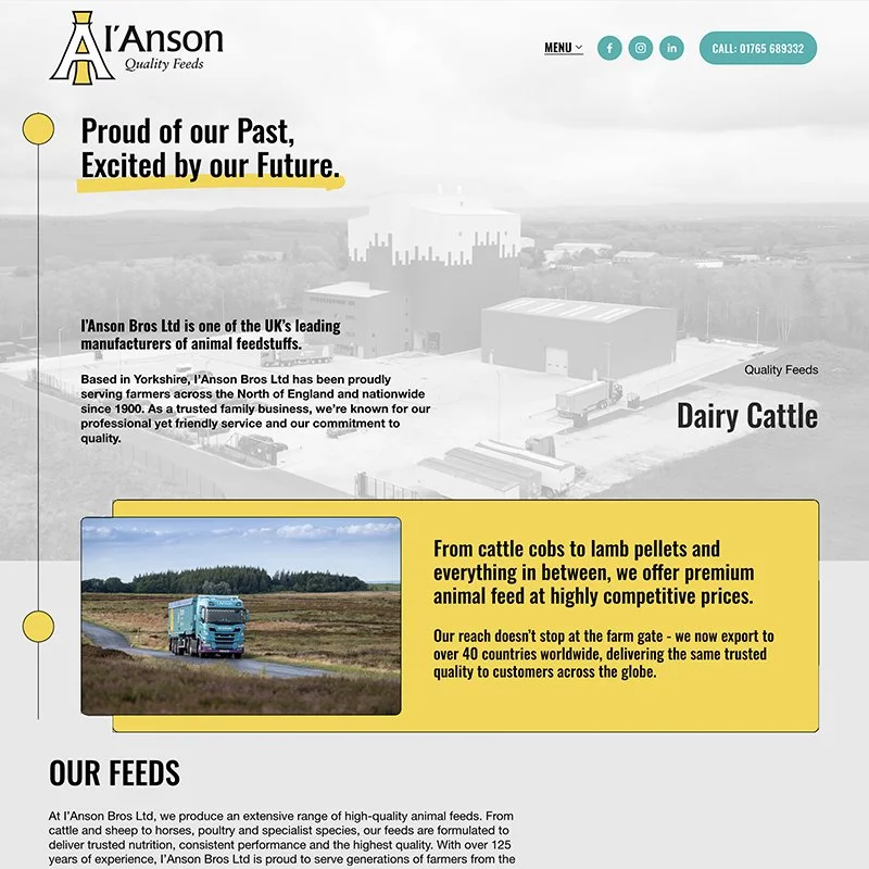 A webpage for L'Anson Quality Feeds featuring the company logo, a aerial photo of a feed mill, and text about animal feed products, including a picture of a truck in a field.