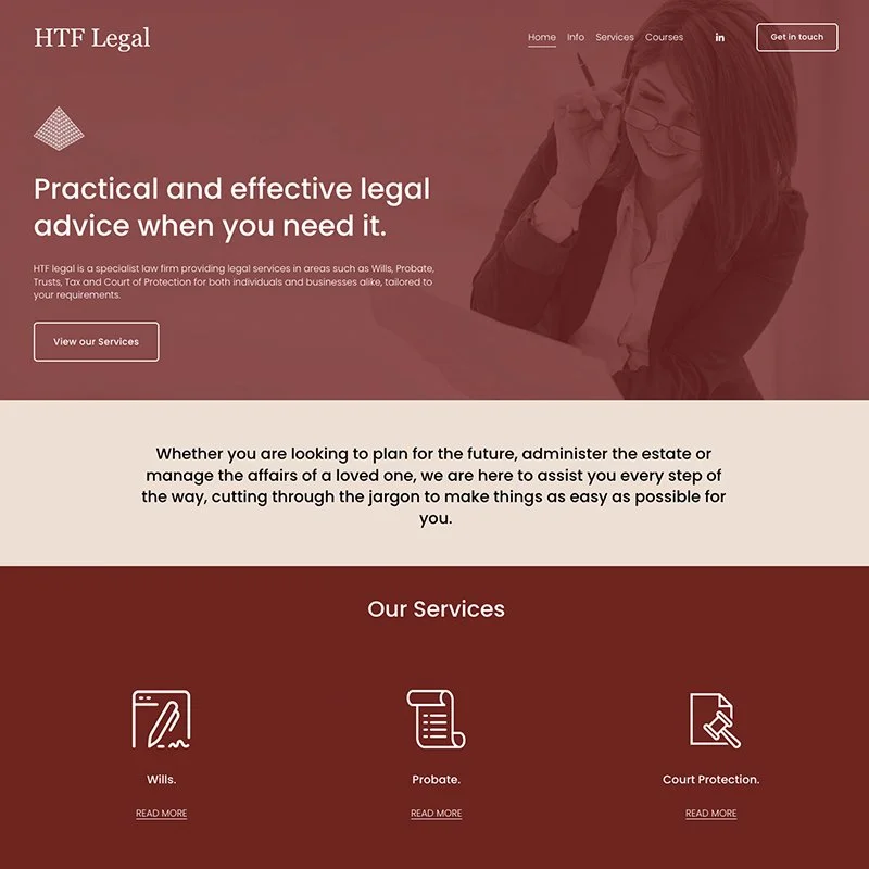 Screenshot of HTF Legal homepage with a woman smiling, wearing glasses and a blazer, holding a pen. The page offers legal services like wills, probate, and court protection, featuring a navigation menu, headline, and service icons.