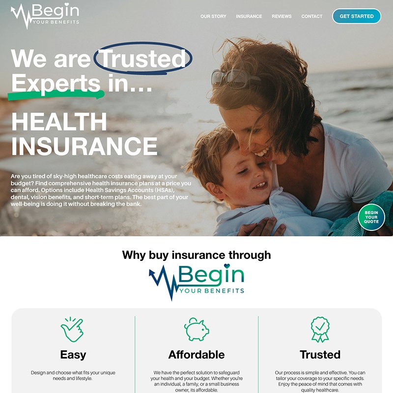 Homepage of a health insurance website showing a woman hugging a child on the beach, with text emphasizing trust and expertise in health insurance.