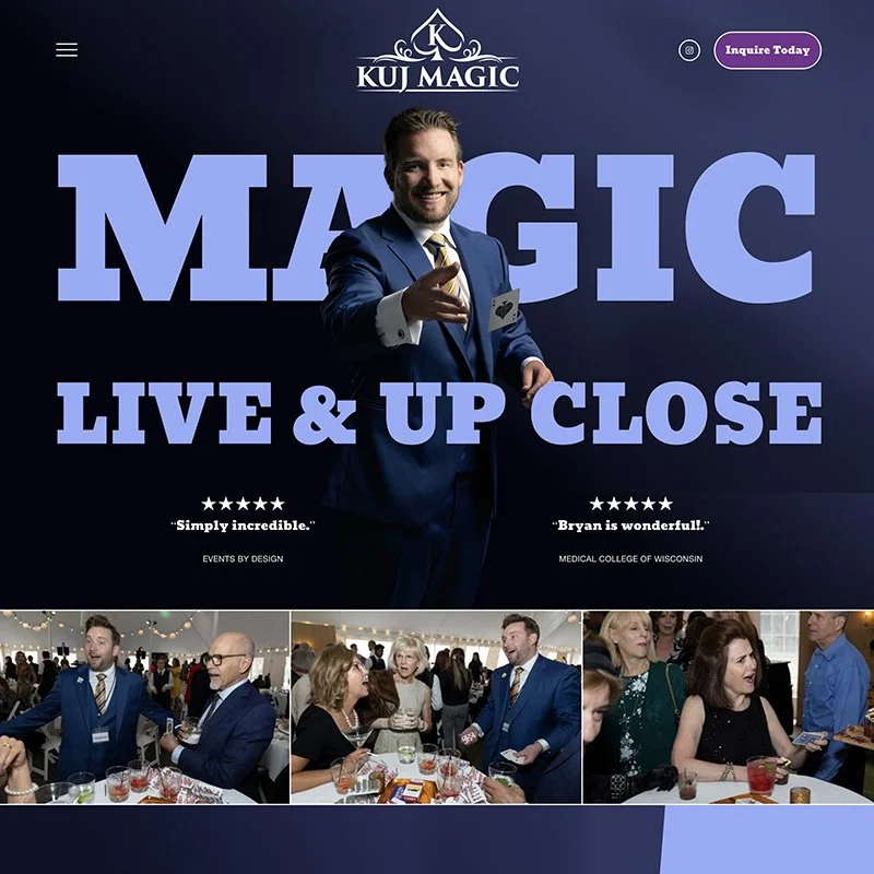 Promotional webpage for a magic show titled 'KUJ MAGIC: LIVE & UP CLOSE.' The page features a man in a blue suit holding a playing card, smiling. There are smaller images below showing interactions with an audience at an event.