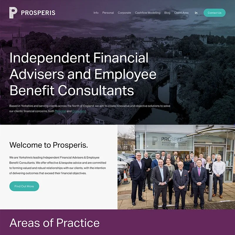 Screenshot of a website homepage for Prosperis, an independent financial advisory and employee benefit consulting firm. The page features a scenic cityscape background, a group photo of staff in front of the office, and navigation links to various sections, including info, personal, corporate, blog, and contact us.