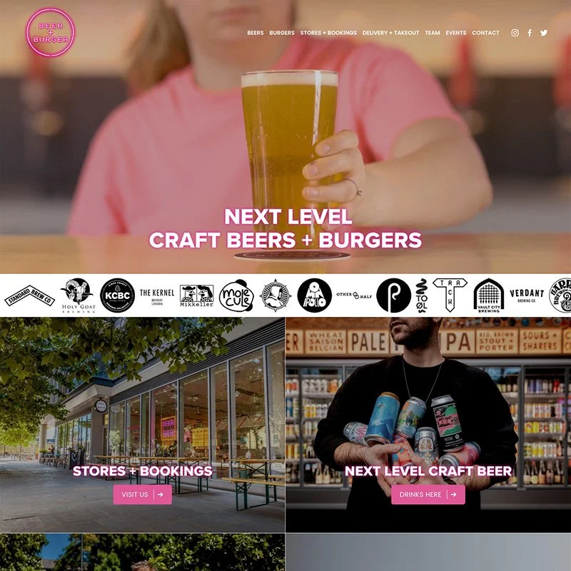 Website homepage for a craft beer and burger restaurant featuring a person holding a glass of beer, the exterior of a store with large windows, a person holding cans of craft beer, and text promoting craft beers and burgers with navigation options.