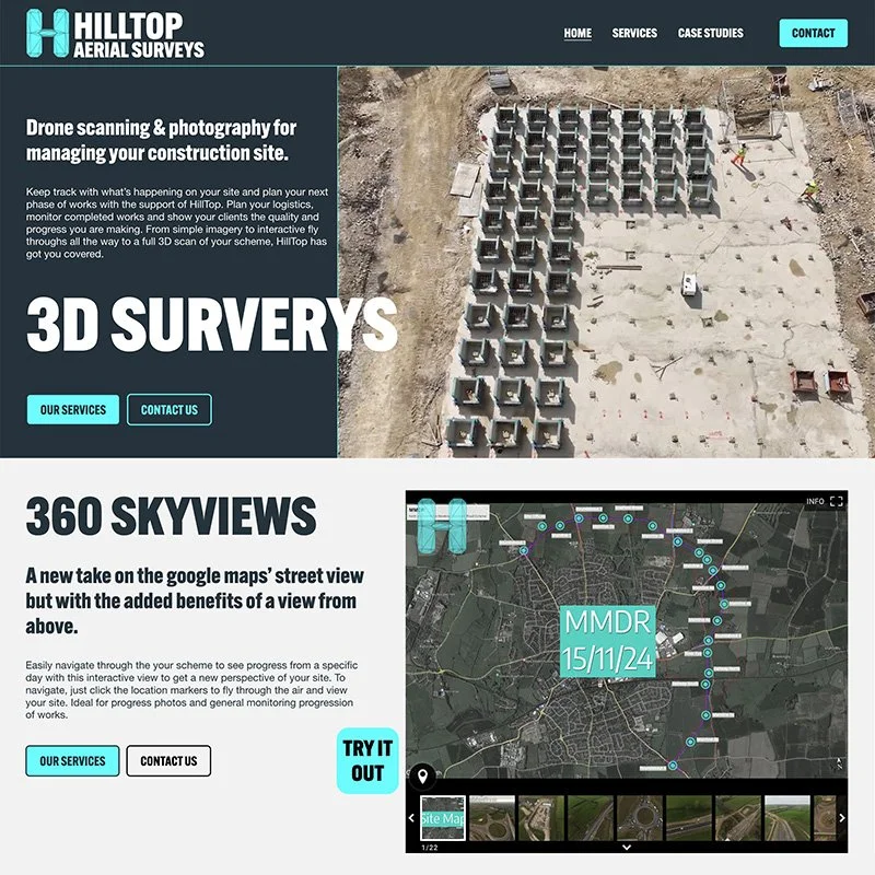 Website screenshot for Hilltop Aerial Surveys highlighting drone scanning and 3D surveys for construction site management; features aerial images of construction progress and a map with 360 skyview path.