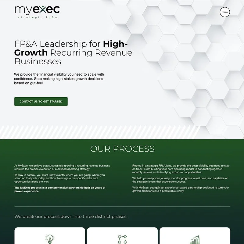 Website homepage for MyExec, a consulting firm. The page features a hexagon graphic design and a headline about FP&A leadership for high-growth recurring revenue businesses. There is a green call-to-action button labeled "Contact us to get started" and sections describing their process.
