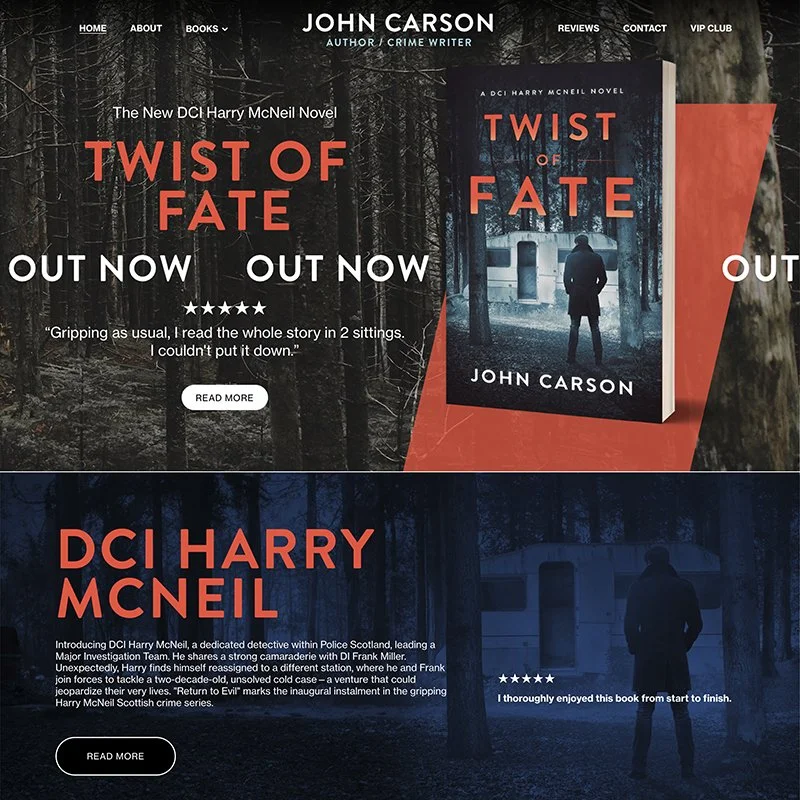 Webpage homepage promoting the crime novel 'Twist of Fate' by John Carson, with book cover and call-to-action buttons.