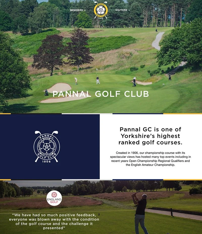 Golf course with players, sand traps, and trees, at Pannal Golf Club in Yorkshire.