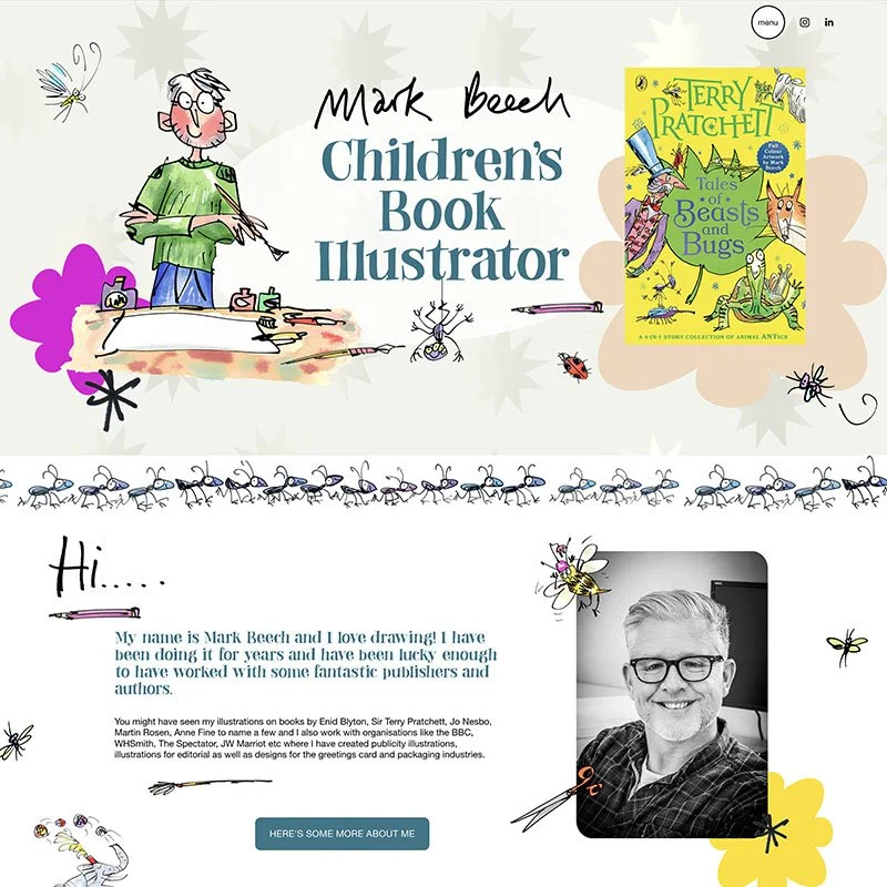 A cartoon-style illustration of an artist at a drawing table with insects around, along with a photo of Mark Beech, a children's book illustrator, in black and white, wearing glasses and smiling.