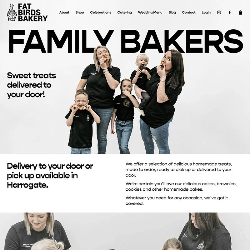 Website homepage for Fat Birds Bakery featuring a family of five eating treats, with the title "Family Bakers" and information about delivery and homemade baked goods.
