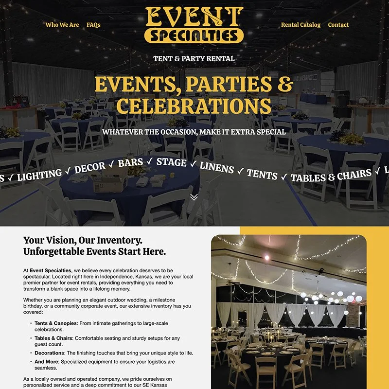 Website homepage for Event Specialties offering tent and party rentals, with a background photo of a decorated event space with tables, chairs, and lighting.