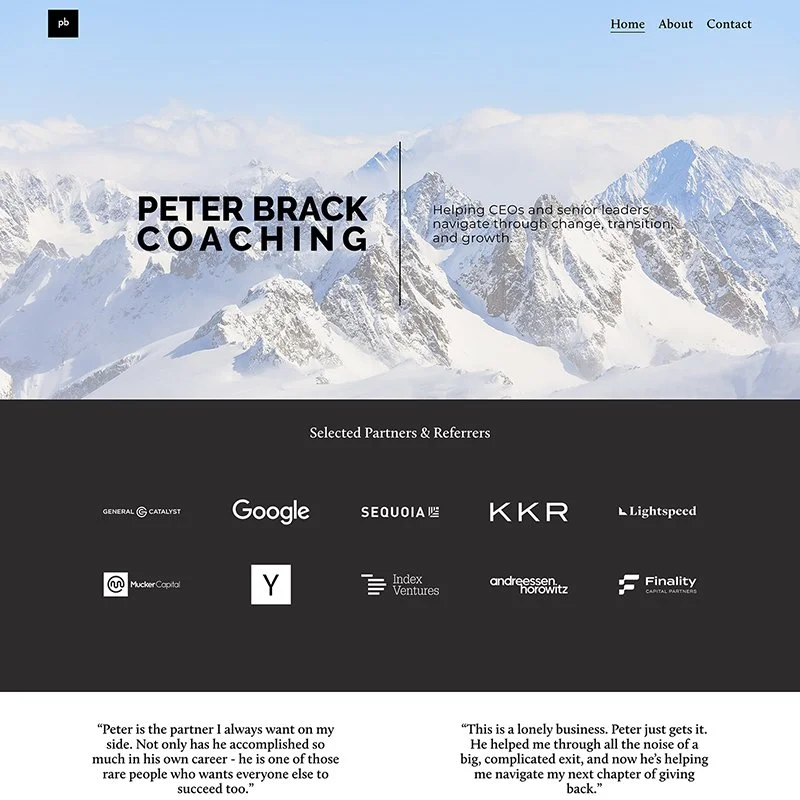 Website homepage for Peter Brack Coaching featuring a mountain landscape background, navigation menu, bold text with the company name and coaching services, and logos of various partners and referrers.