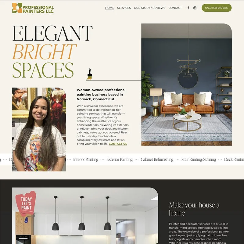 Home page of Professional Painters LLC featuring interior and exterior painting services, with images of a furnished living room and a painter.