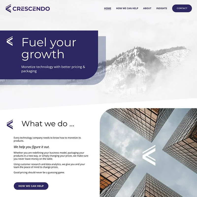 Screenshot of Crescendo website homepage with a mountain background and a cityscape, featuring sections about business growth and services.