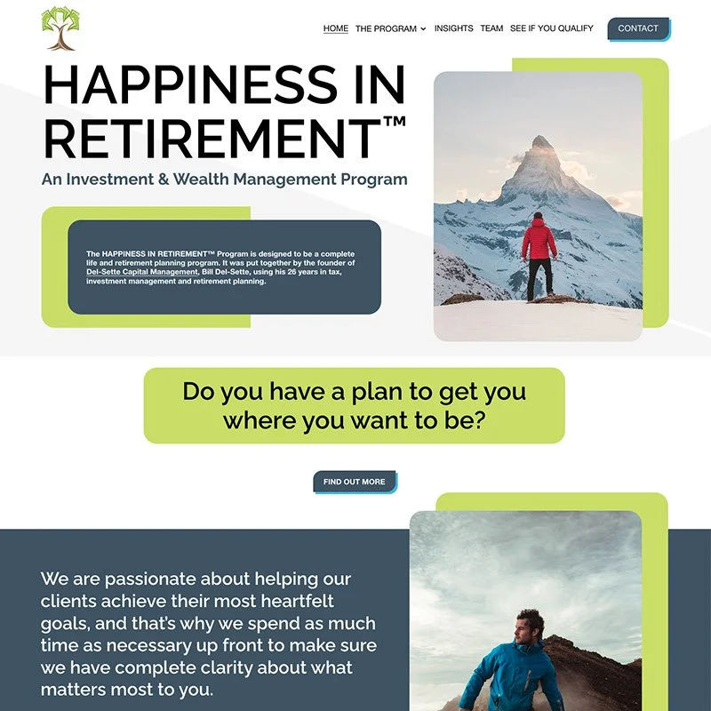 A website homepage for 'Happiness in Retirement,' an investment and wealth management program, featuring images of people hiking in the mountains.