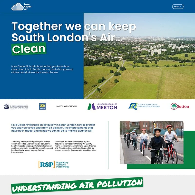Screenshot of a website page about air pollution in South London with titles, logos, and a photo of children riding bikes.