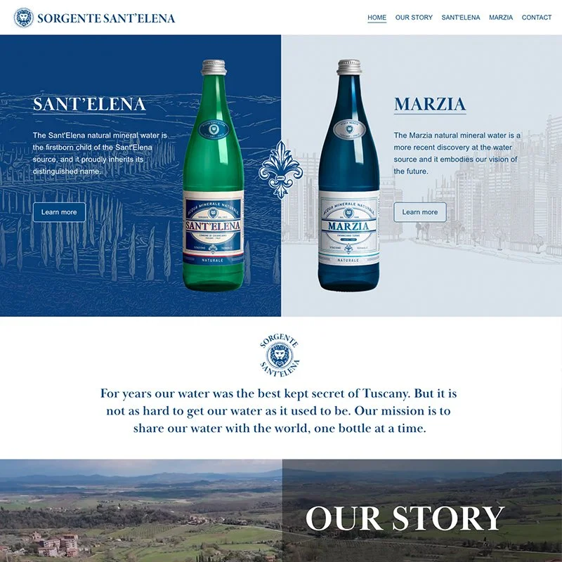 Image of two bottles of mineral water, SANT'ELENA in green and MARZIA in blue, on a webpage about the water source, with a background illustration of a Tuscan landscape and a logo for SORGENTE SANT'ELENA.