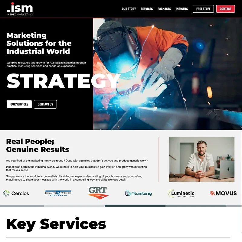 A webpage homepage for a marketing agency with a header featuring the company's logo, navigation menu, and a contact button. The main section shows an industrial worker welding, with bold text promoting marketing solutions for the industrial world, and buttons for services and contact. Below, there is a section with a photo of a man at a desk and a paragraph about the company's approach, along with logos of partner companies.