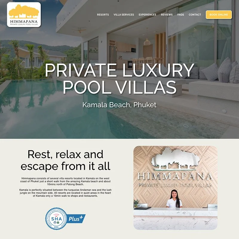 Screenshot of Himmapana's resort website featuring private luxury pool villas in Kamala Beach, Phuket, with a view of an outdoor pool and modern villa interior.