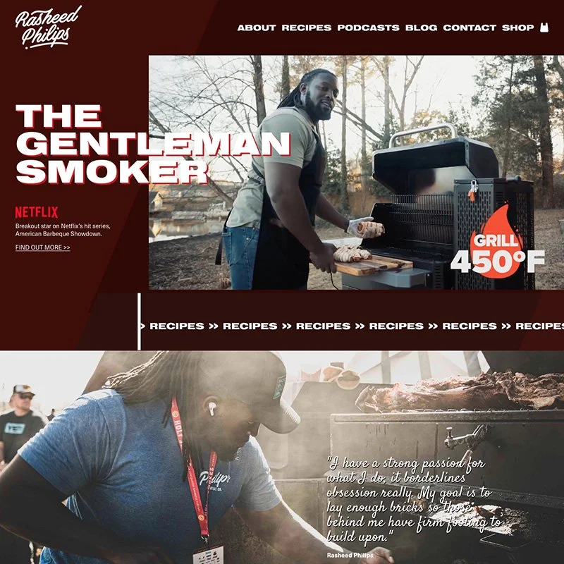 Advertisement for Rasheed Philips about barbecue recipes with images of a man grilling outdoors and a woman cooking, featuring text about the smoker and the quote: 'I have a strong passion for what I do, it borderlines obsession really. My goal is to lay enough bricks so those behind me have firm footing to build upon.'