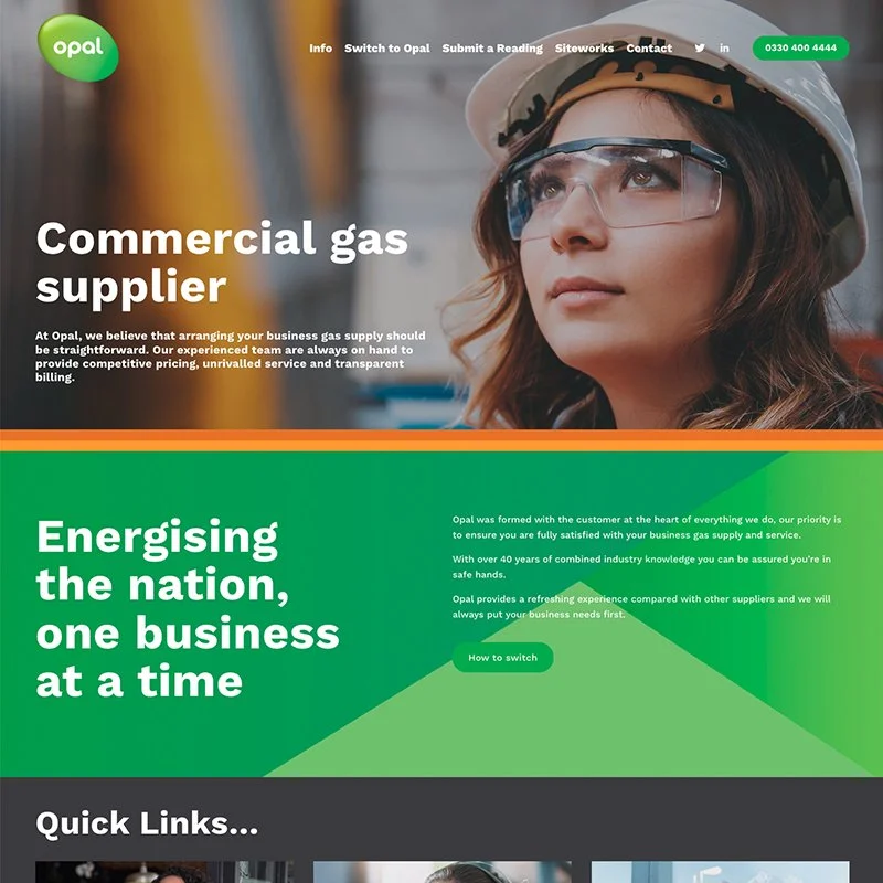 Website homepage of a commercial gas supplier called Opal, featuring a woman in a hard hat and safety glasses, with green and yellow themed design elements.