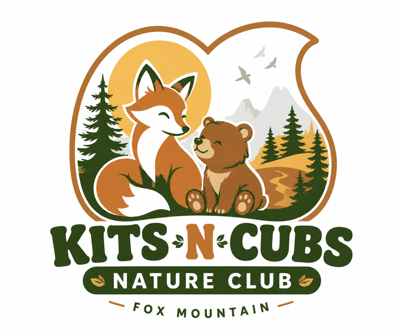 Logo for Kits 'N Cubes Nature Club featuring a smiling fox and bear sitting in a forest with mountains and birds in the background.