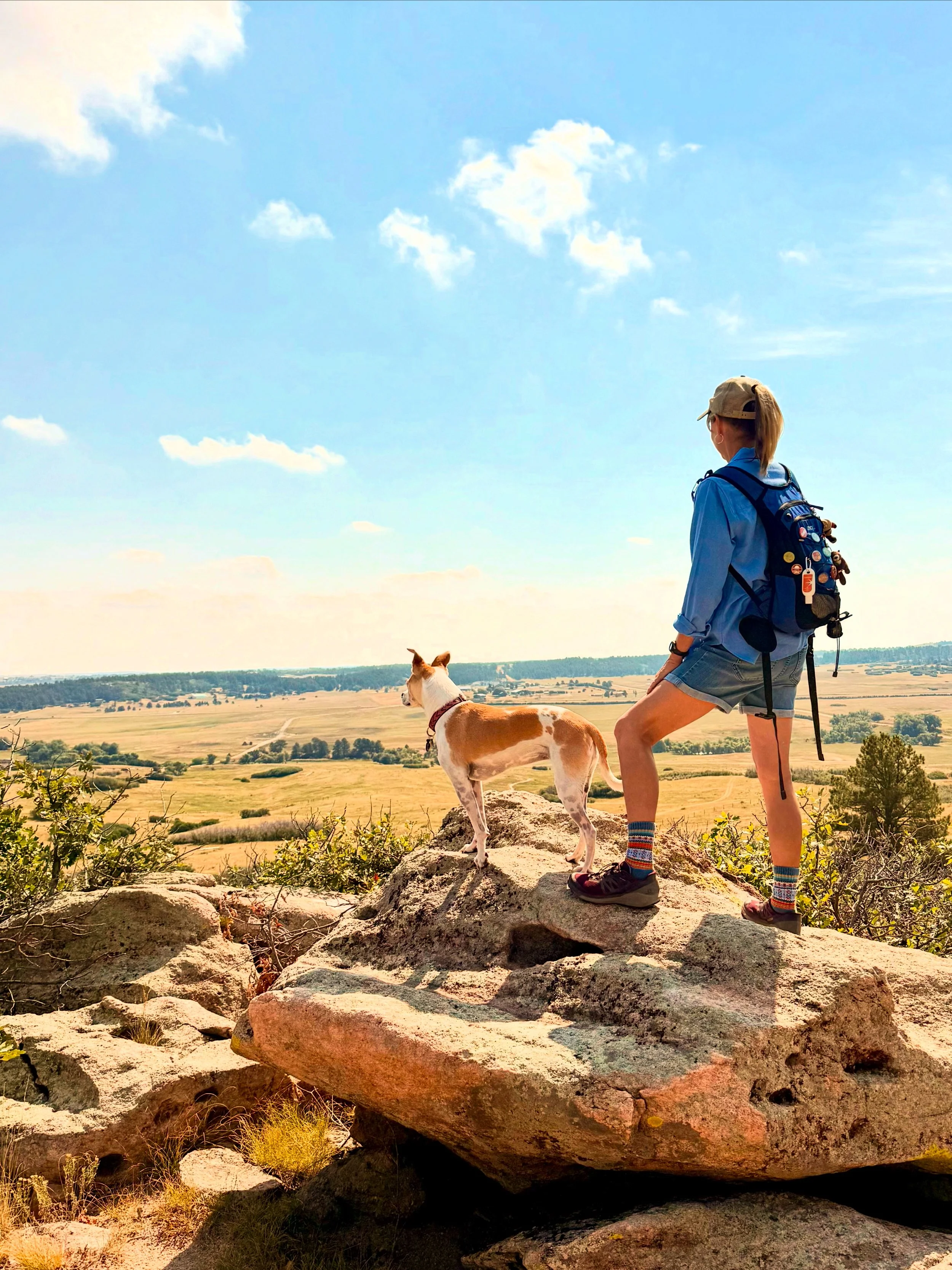 A woman wearing a blue jacket, shorts, and a cap standing on a rock with her dog, overlooking a vast open landscape with fields and a blue sky filled with clouds.