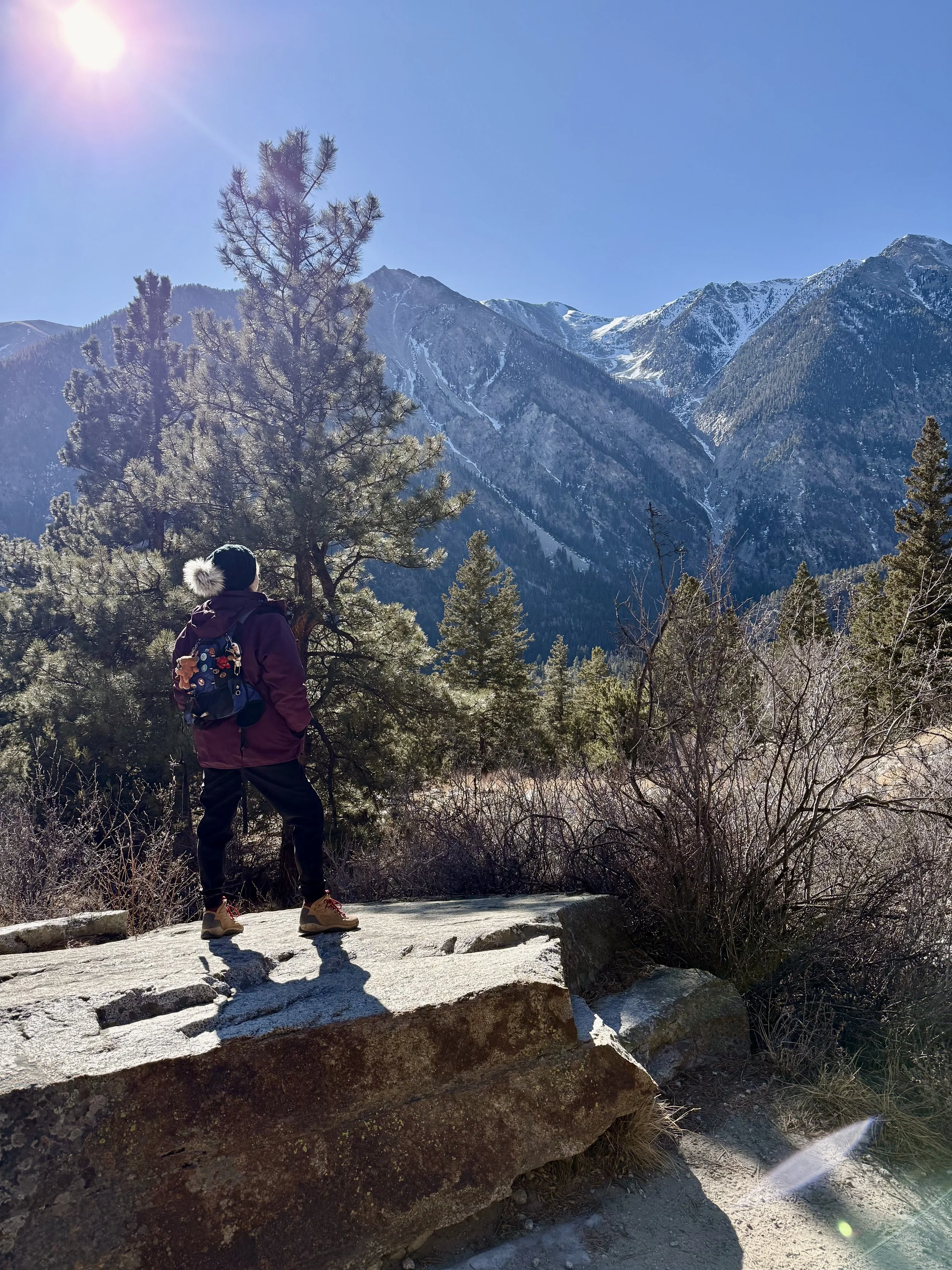 A hiker in winter gear stands on a large rock trail with a mountain landscape in the background, including snow-capped peaks and pine trees, under a clear blue sky with the sun shining.