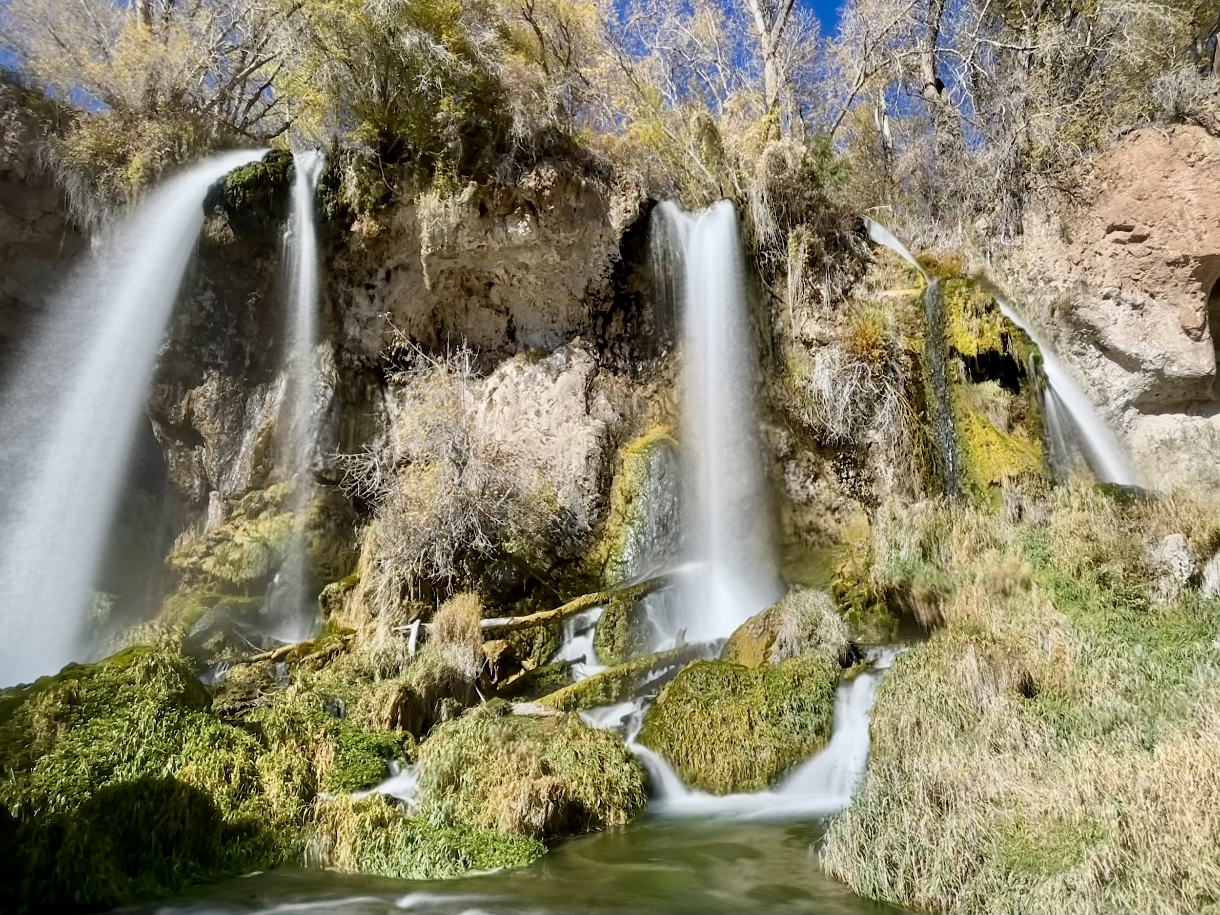 Multiple waterfalls flowing over rocks and moss, with trees and shrubs in the background