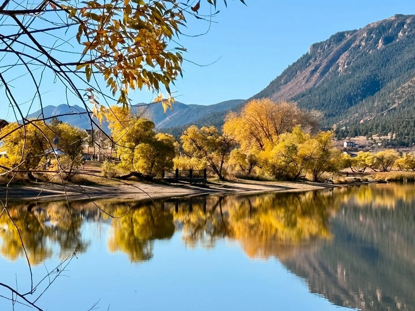A peaceful lake surrounded by yellow and green trees with mountain in the background under a clear blue sky.
