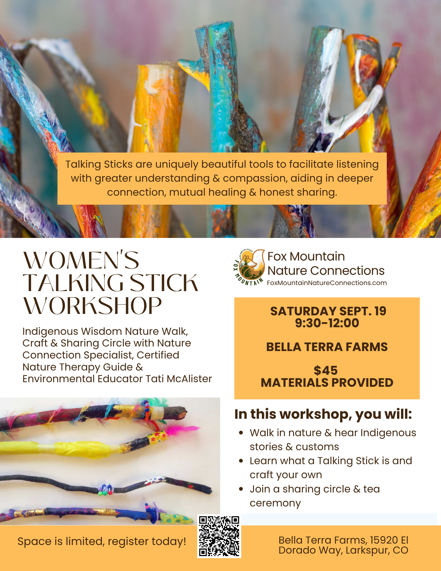 Invitation flyer for Women's Talking Stick Workshop on September 19th at Bella Terra Farms, featuring colorful handmade talking sticks, with details about the event and a QR code.