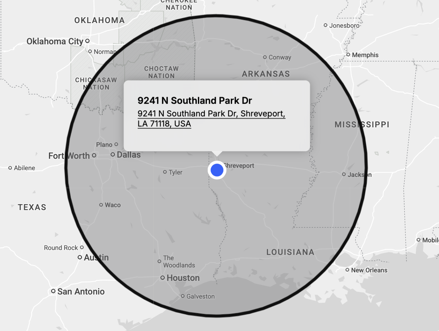 A map showing a highlighted area centered around Shreveport, Louisiana, with a label displaying the address 9241 N Southland Park Dr, Shreveport, LA 71118, USA.