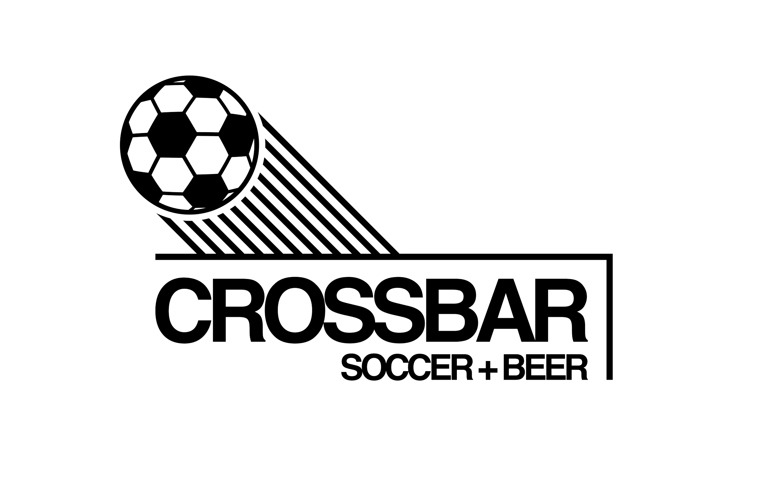 Line drawing logo of a soccer ball hitting a crossbar, with the text 'CROSSBAR SOCCER + BEER' underneath.