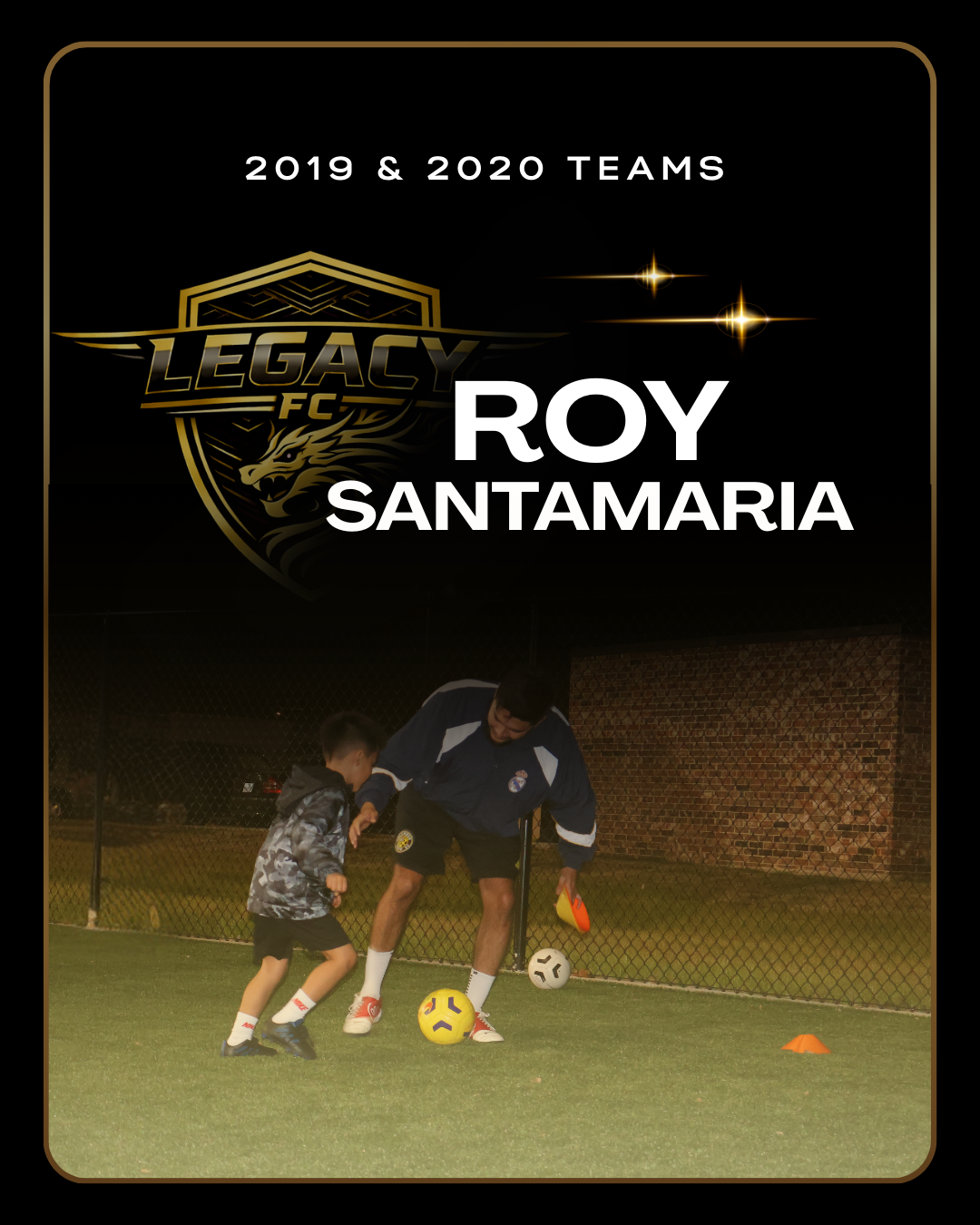 Soccer coach practicing with young player on a field at night, with a goalpost in the background.