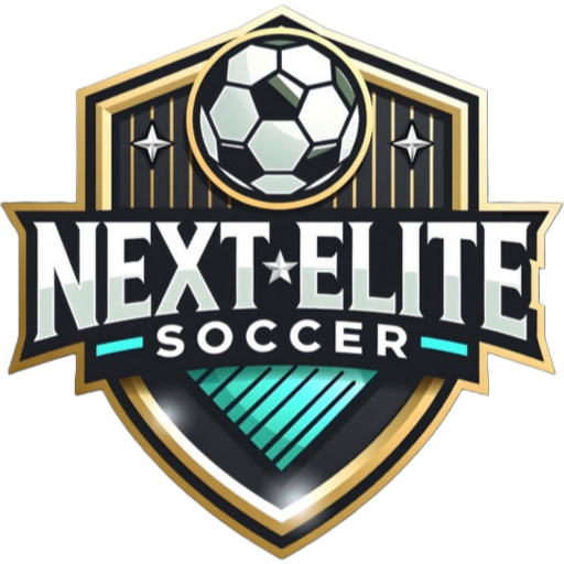 Logo for Next Elite Soccer featuring a soccer ball at the top, the text 'Next Elite Soccer' in bold, with a shield design and teal diagonal stripes.