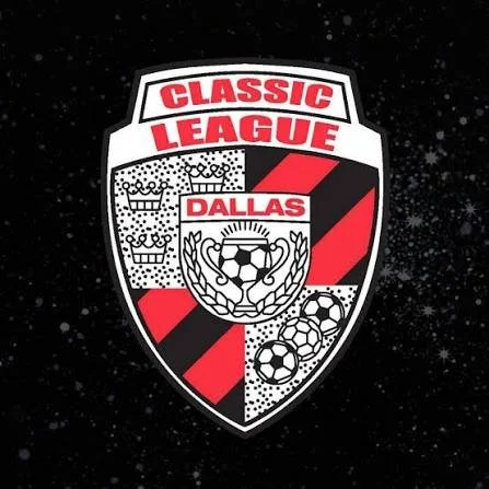 Classic League Dallas emblem featuring a club crown, a football inside a wreath, and various soccer balls on a black background with white star-like accents.