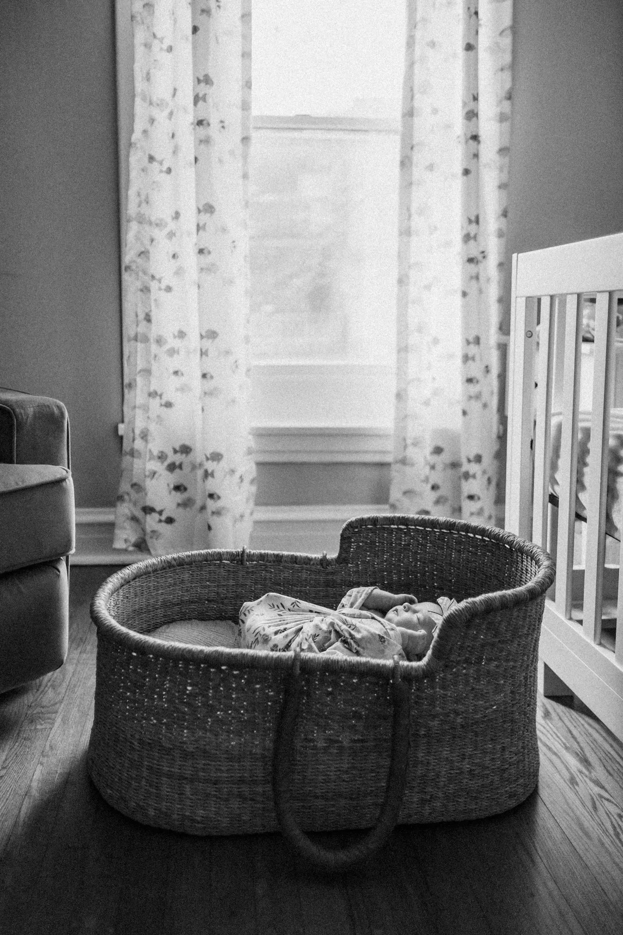 A baby sleeping in a woven bassinet in a sunlit nursery, with a window with patterned curtains in the background and part of a crib nearby. Lifestyle newborn photographer in Evanston IL