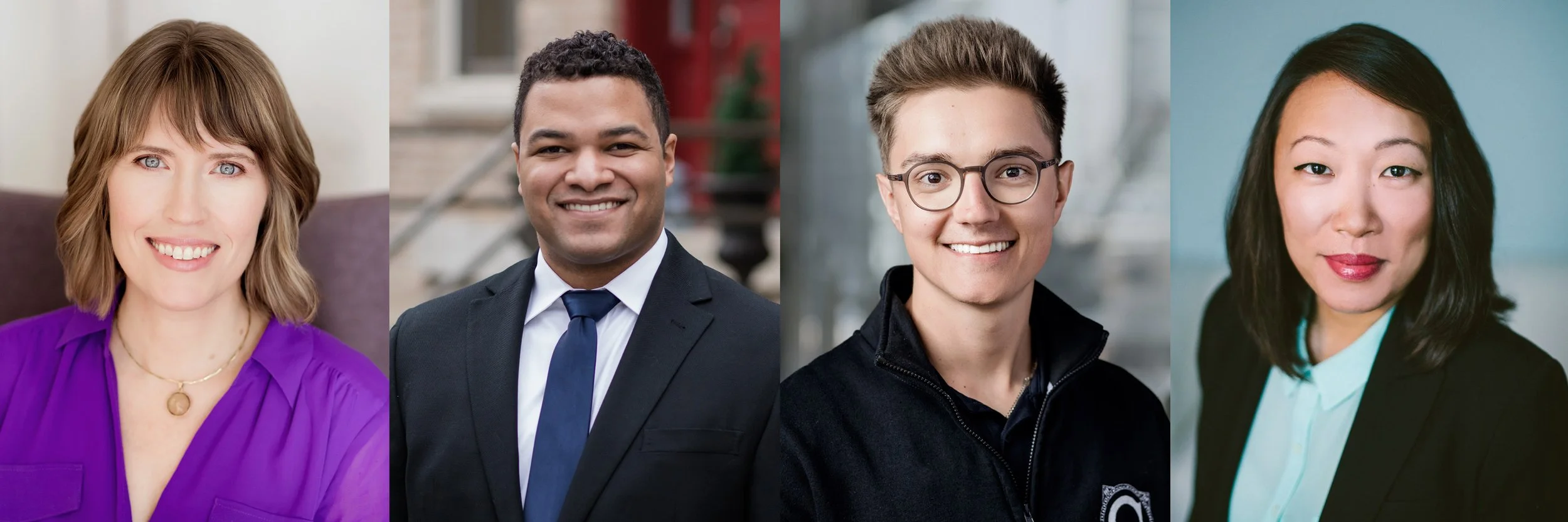 Headshots of four diverse professionals, two women and two men, smiling at the camera.