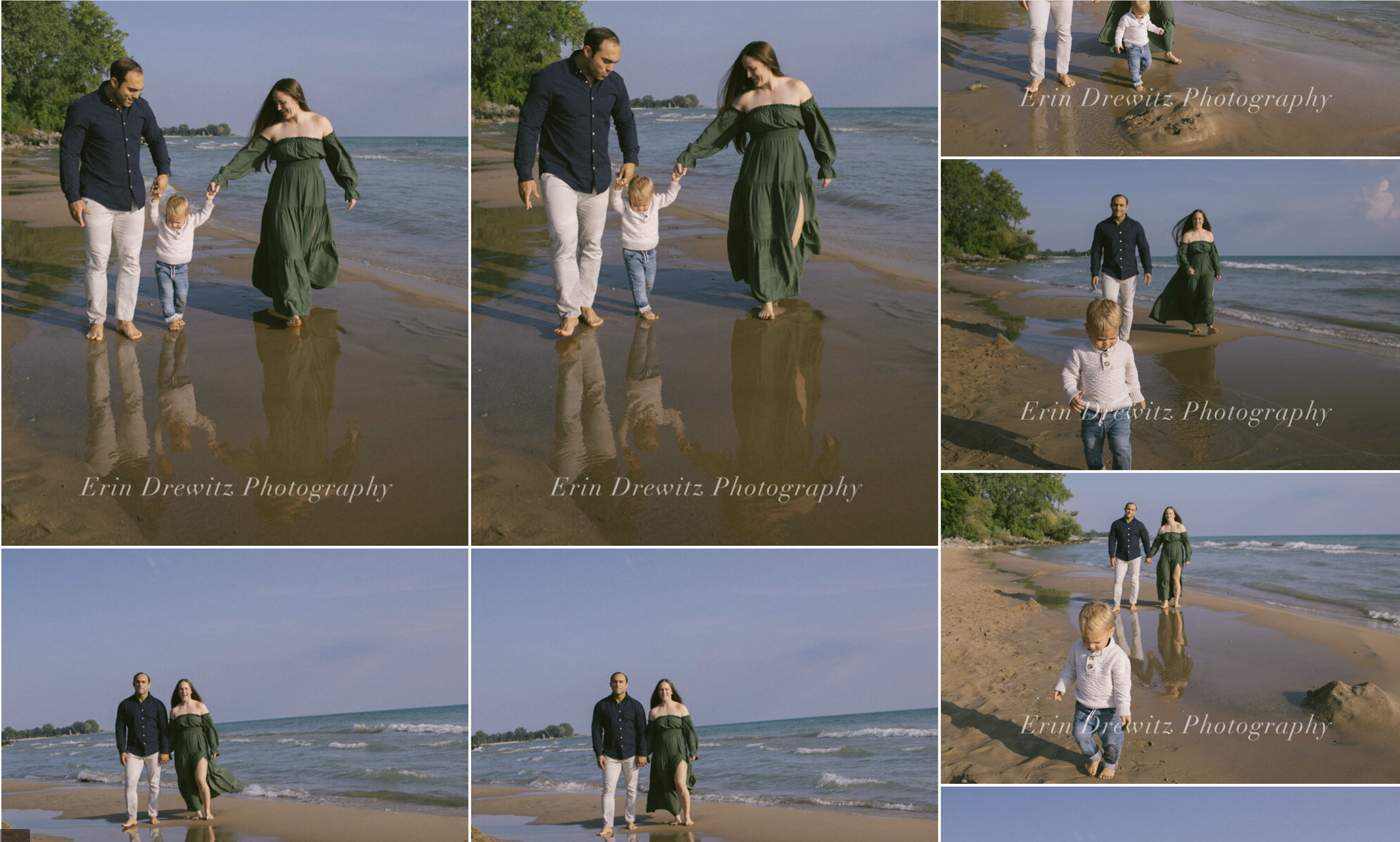 A family of three walking along the beach, holding hands. The father is wearing a dark shirt and white pants, the mother is wearing an off-shoulder green dress, and the young child is in a light sweater and jeans. The ocean waves are visible in the background, and the scene is illuminated by sunlight. The images show the family walking barefoot on the wet sand, enjoying a sunny day at the beach.