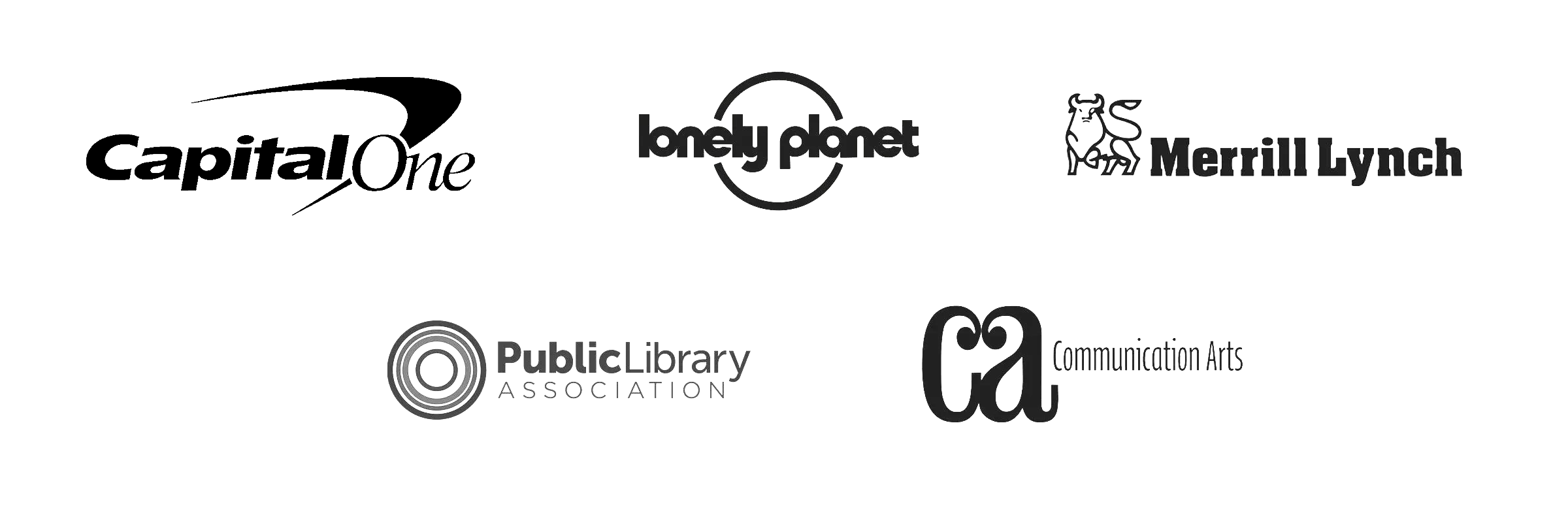 Logos of Capital One, Lonely Planet, Merrill Lynch, Public Library Association, and Communication Arts.