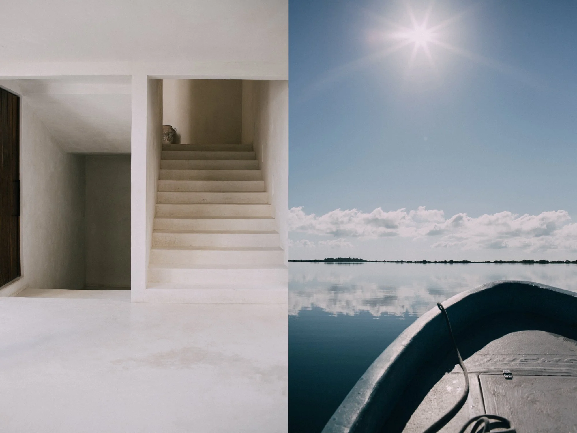 Split image showing the interior of a minimalist white staircase and an outdoor scene of a boat on a calm body of water under a bright sun.  Product Photography Chicago IL, Erin Drewitz Photography