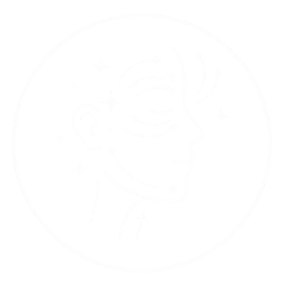 Line drawing of a woman's face in profile with arrows and sparkles indicating facial massage or skincare massage techniques.