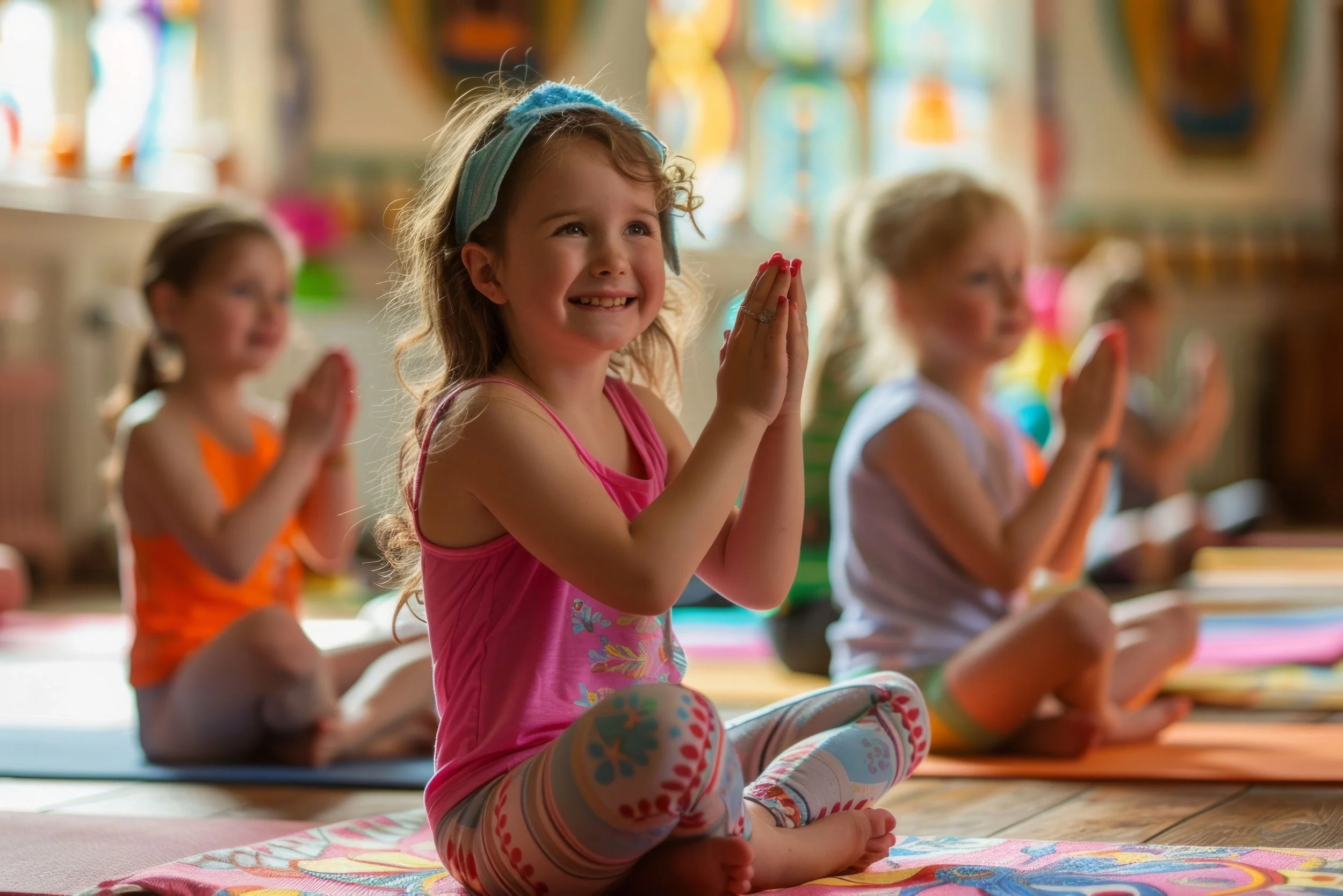 Children sitting cross-legged on yoga mats, engaging in a group meditation or relaxation activity, in a brightly lit room with colorful decorations.