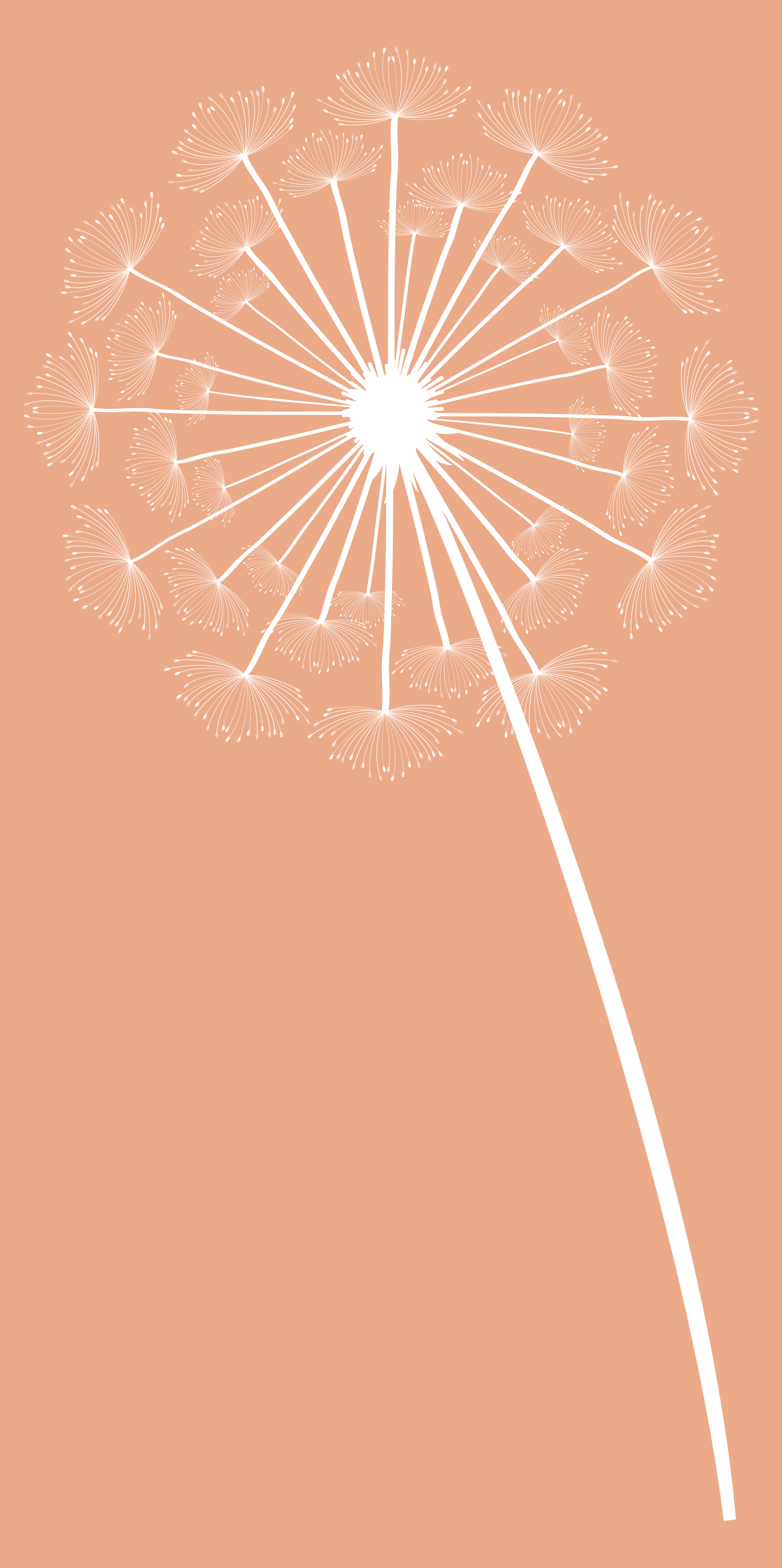 A digital illustration of a dandelion with white seeds against a peach background.