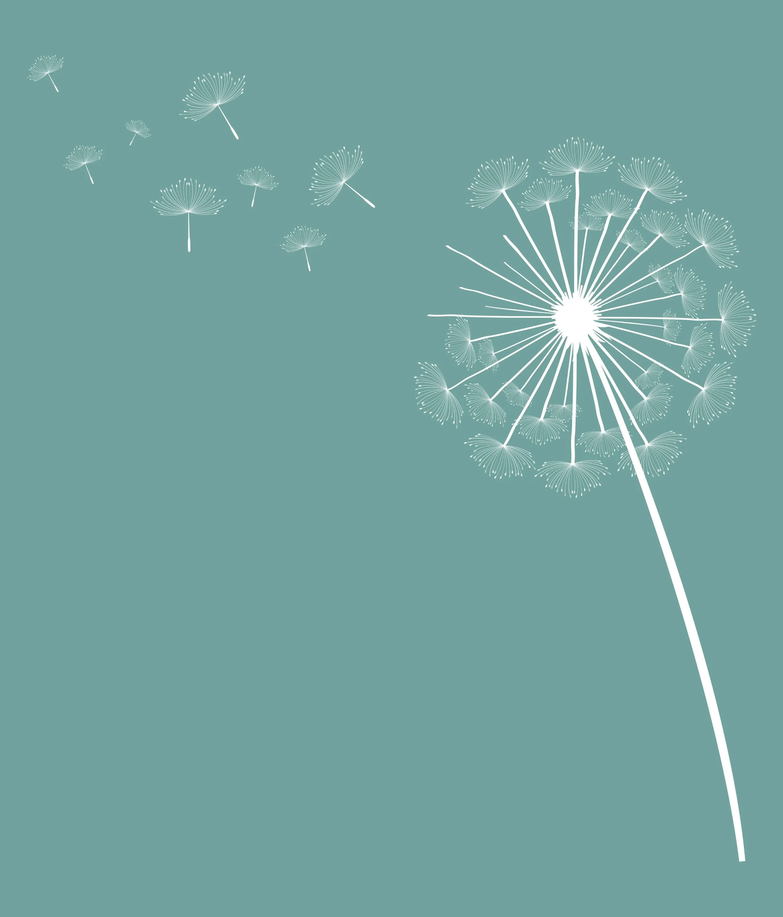 Illustration of dandelion puffs blowing in the wind against a muted teal background.