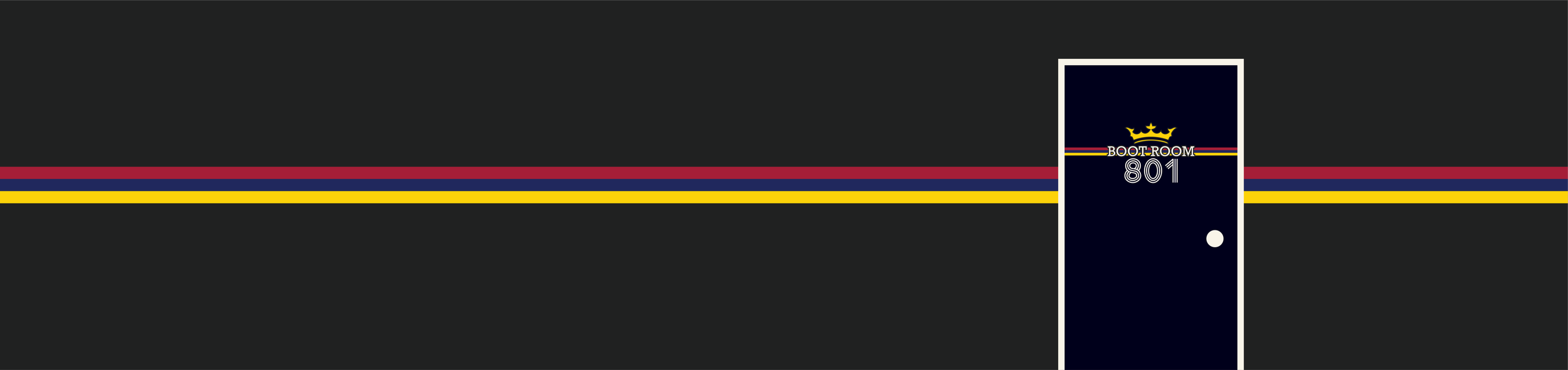 Black door with a crown logo and text 'BOOT ROOM 801', surrounded by horizontal red, yellow, and purple stripes on a dark background.