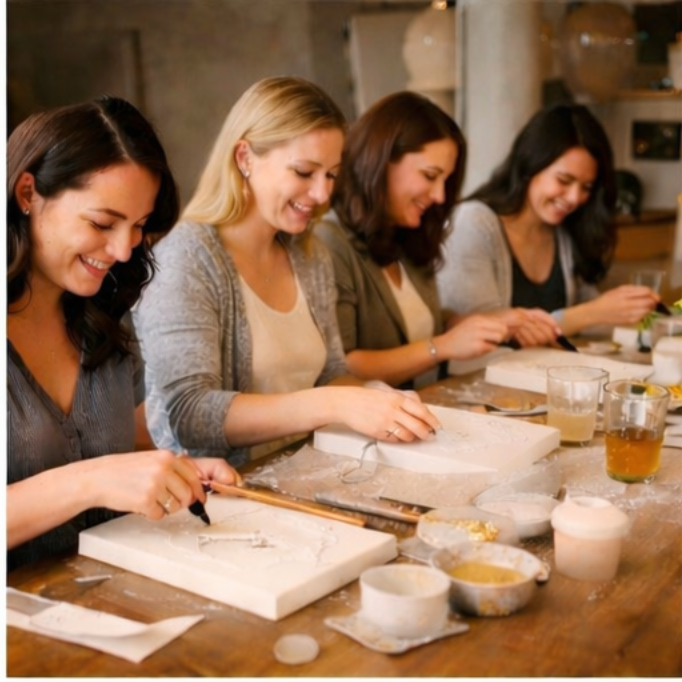 Four women sitting at a wooden table engaged in a creative activity, smiling and working with white materials and tools.