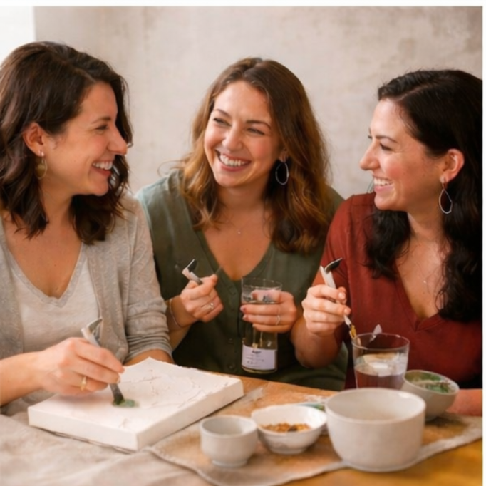 Three women sitting at a table, smiling and enjoying a meal together, with bowls and glasses on the table.